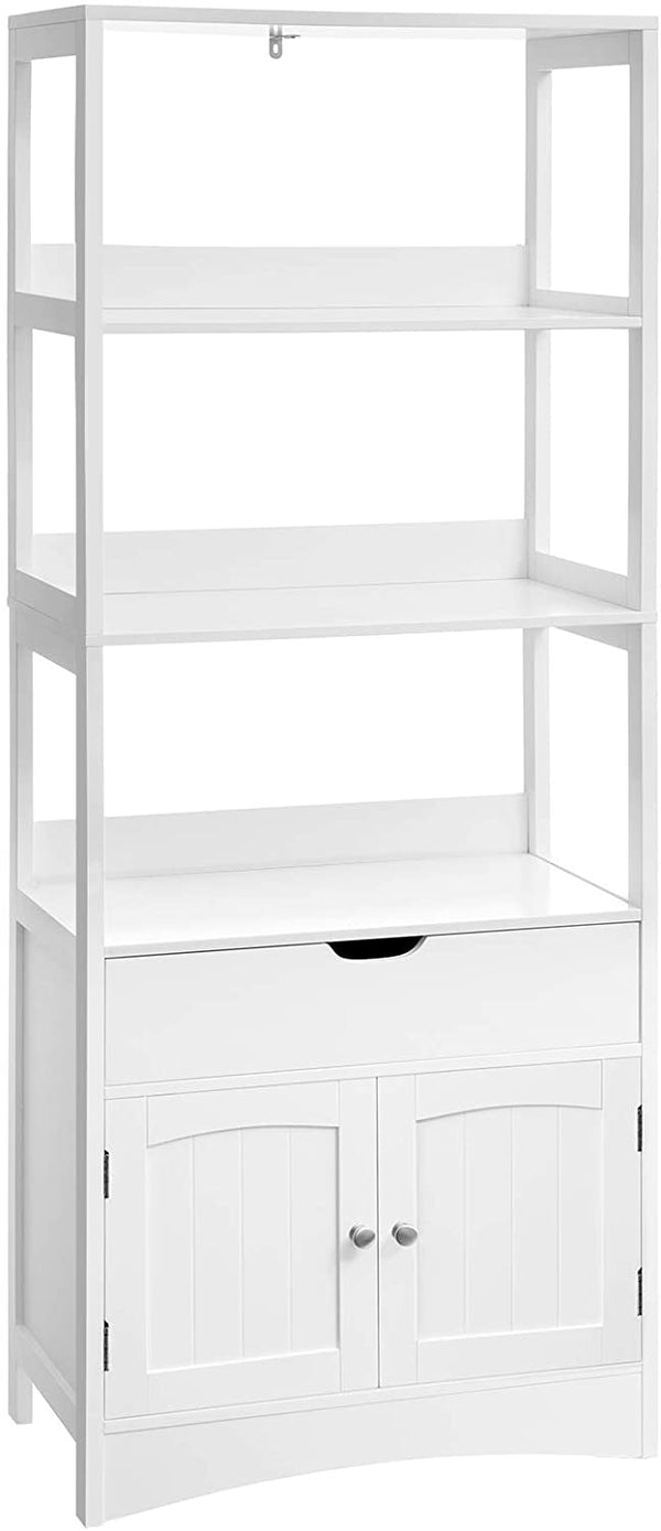 hoge kast, badkamermeubel, vrijstaande badkamerkast, boekenkast, 3 open vakken, 1 lade en 2 kastdeuren, 60 x 32,5 x 154 cm, hal, keuken, bureau, wit BBC67WT