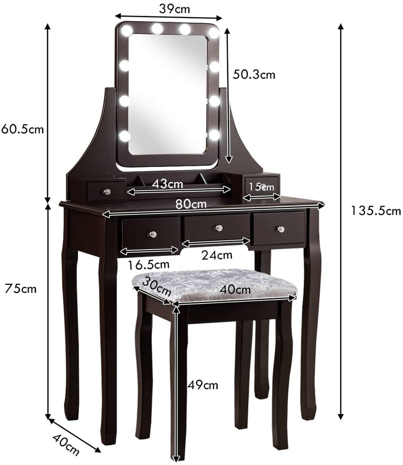 Kaptafel set met rechthoekige spiegel en gedempte kruk, make-up tafel met 10 LED-dimbare gloeilampen, (Bruin)