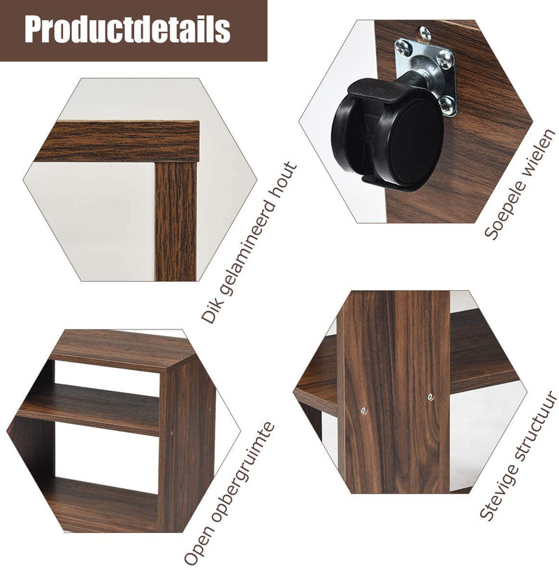 3-etage bijzettafel met plank voor opslag, bijzettafel met wielen voor kleine ruimtes,