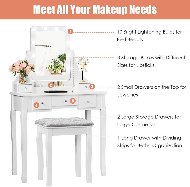 Kaptafel set met rechthoekige spiegel en gedempte kruk, make-up tafel met 10 LED-dimbare gloeilampen, met 5 laden(Zwart)