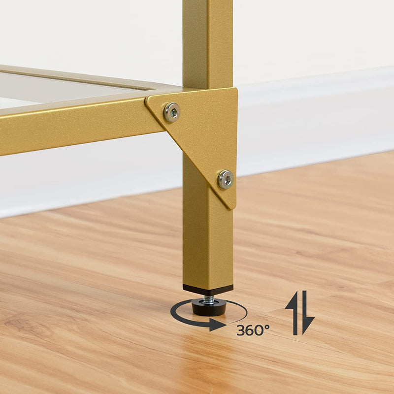 Consoletafel met planken, 120 cm bijzettafel, hardglas, ingangstafel, moderne banktafel, tentoonstellingstafel, metalen frame, voor woonkamer, hal, goudkleurig EGD05XG01