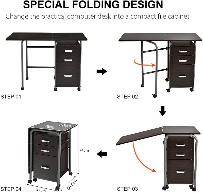 Bureau, computertafel, opvouwbaar computerbureau,  met 3 uitschuifbare laden en vergrendelbare wielen,105,5 x 50,5 x 74cm (Bruin)