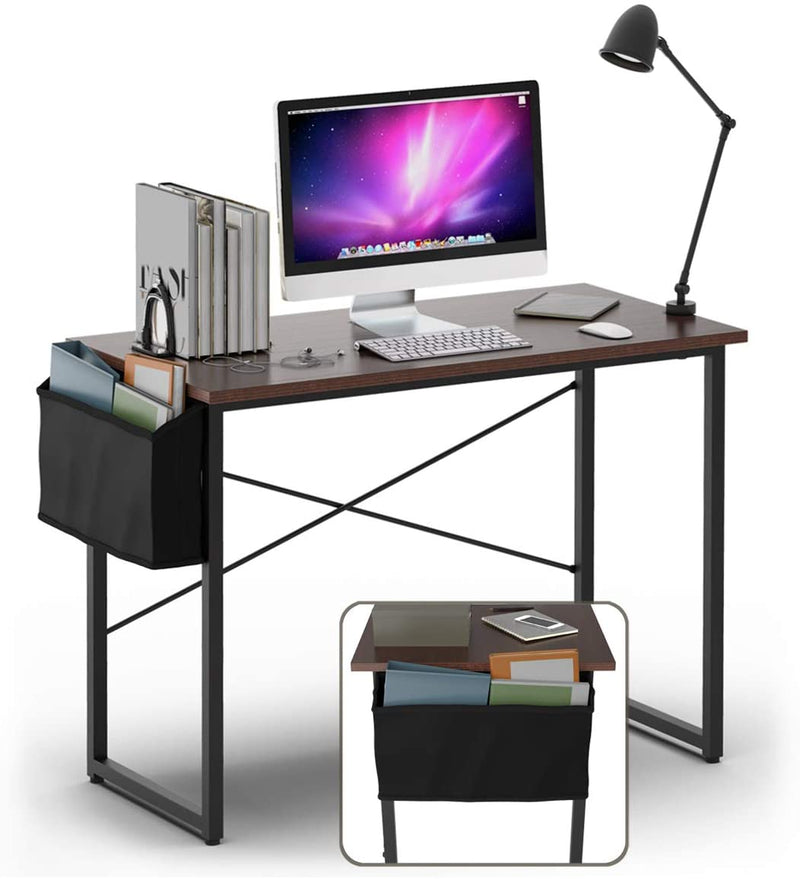 Bureau, computer bureau, 102cm computertafel, PC tafel, bureautafel, kantoortafel met zij-opslagzak, industriële PC-bureau, zwart metalen frame, ideaal voor thuis en op kantoor