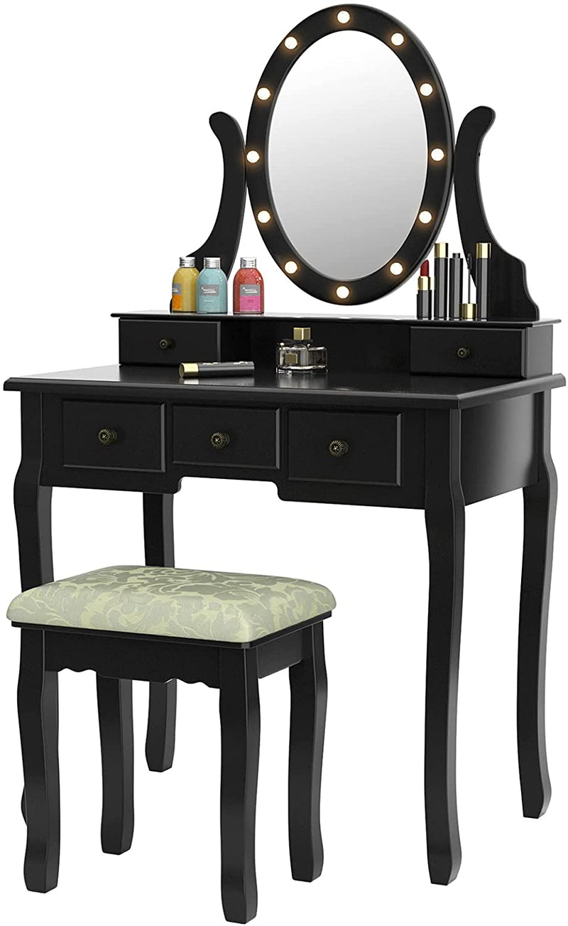 Kaptafel met verlichte spiegel, make-uptafel kaptafel, 360° draaiende ovale spiegel met 12 LED-lampjes, afneembare bovenkant, 5 opberglades, voor meisjes slaapkamer (Zwart)