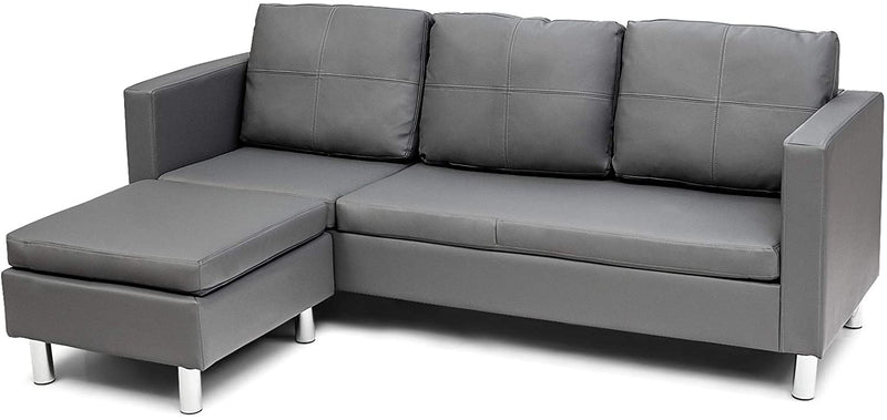 L-vormige gestoffeerde bank met omkeerbare ligstoel, ergonomische rugleuning en handgreep, massief houten frame, 3-zitsbank voor kleine woonkamer, appartement, kleine ruimte