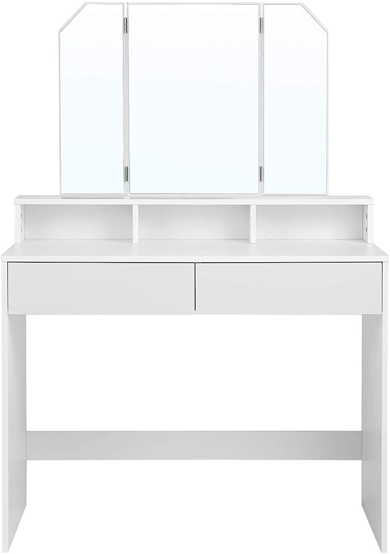 Kaptafel, kaptafel met opklapbare spiegel en 2 laden, cosmetische tafel met 3 open compartimenten, kaptafel, voor make-up, modern, wit RDT115W01