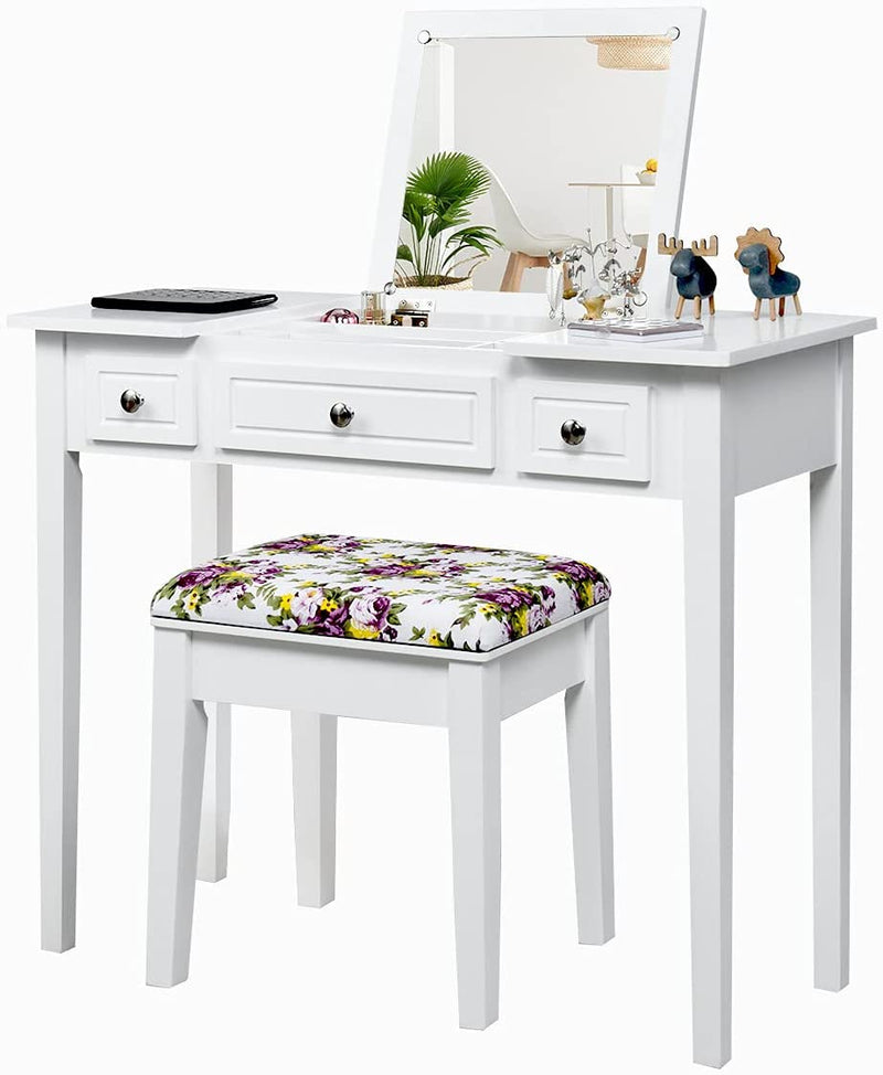 Kaptafel set met opklapbare bovenkant spiegel, 3 laden en een groot tafelblad, kaptafel set met gewatteerde kruk, ideaal voor slaapkamer, woonkamer, kleedkamer, badkamer, eenvoudige montage