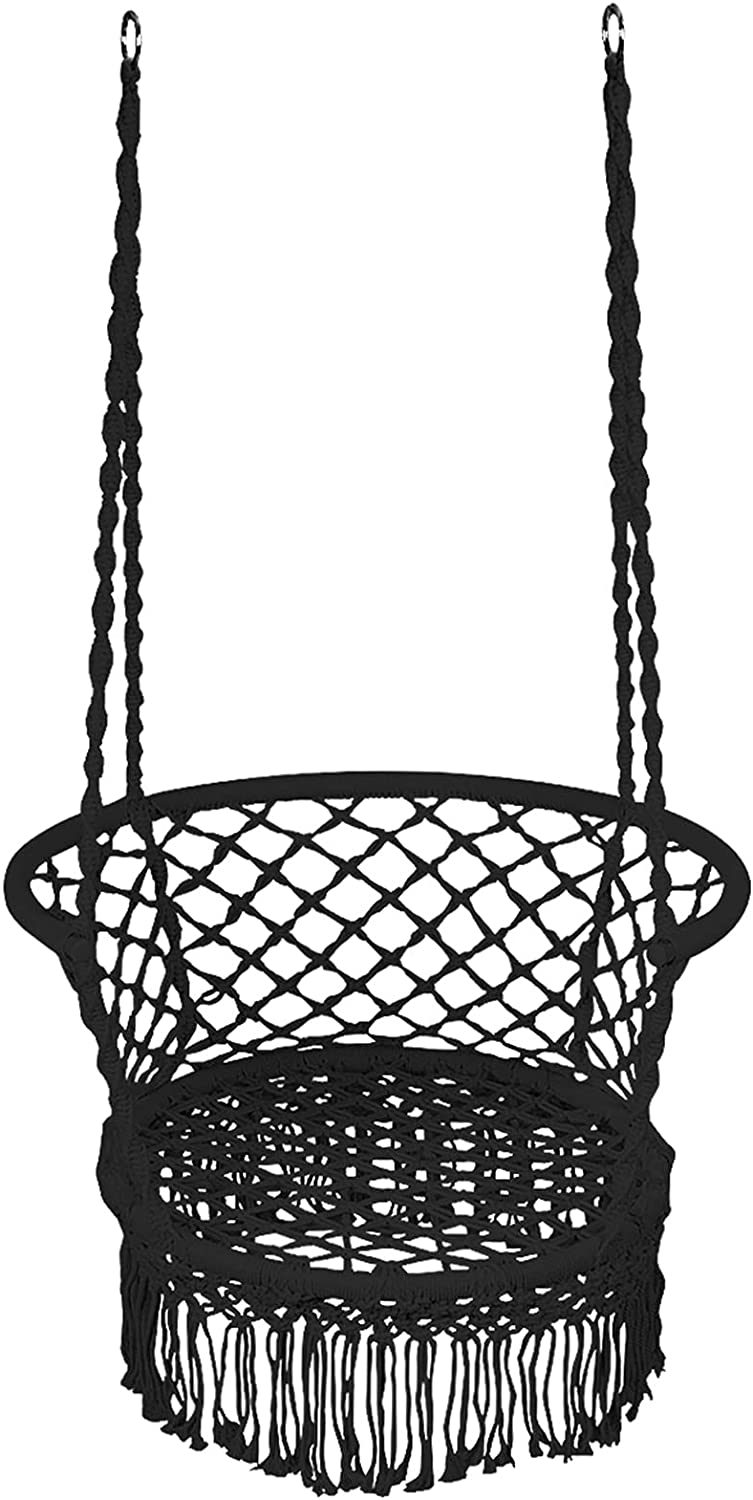 Hangstoel macrame schommelstoel, hangende katoenen touw stoel met kwastjes, maximaal 160kg (kussens niet inbegrepen) (Zwart)