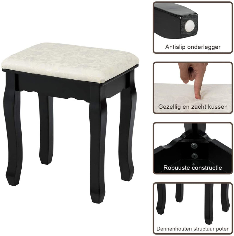 Kaptafel met 10 plastic roze-vormige LED-lampjes, 360° roterende ovale make-up spiegel, 3 lades kaptafel met gedempte kruk, make-uptafel voor slaapkamer (Zwart)