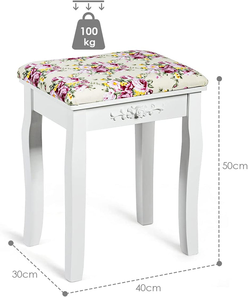 Houten kruk voor kaptafel, gewatteerde make-up kruk met roze kussen massief grenen poten, comfortabele zachte stoel voor slaapkamer, 100 kg gewichtscapaciteit (Wit)