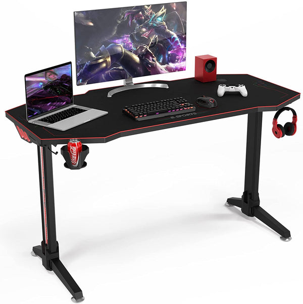 Gaming bureau, T-vormige racing stijl gamingtafel met 8-modus LED-verlichting & aanraking bediening, computer bureau met gratis muismat, bekerhouder, hoofdtelefoon haak & kabel managements,
