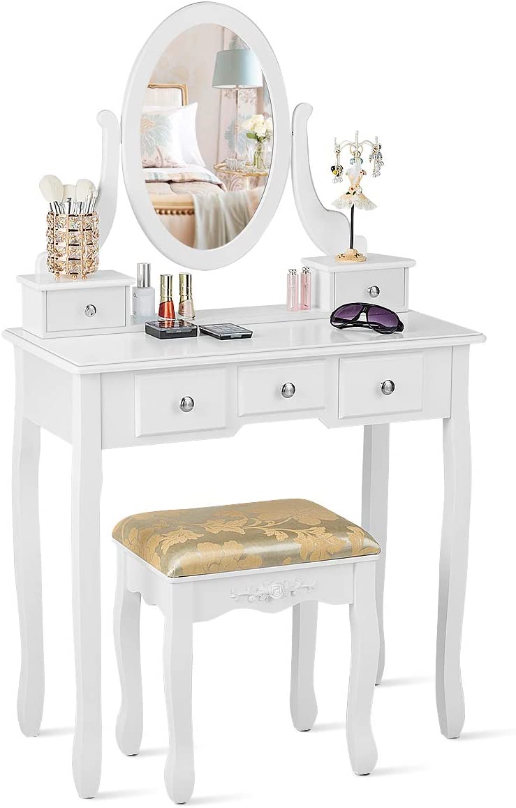 Kaptafel set met 360 ° draaibare ovale spiegel, make-uptafel kaptafel voor vrouwen meisjes, multifunctionele make-up tafel met 5 laden (Wit)