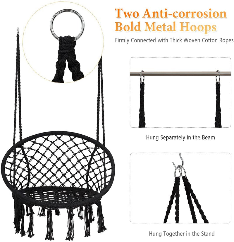 Hangstoel, katoenen touw macrame hangende schommelstoel voor woonkamer, tuin, balkon, scandinavische stijl, capaciteit van 150 kg (Zwart