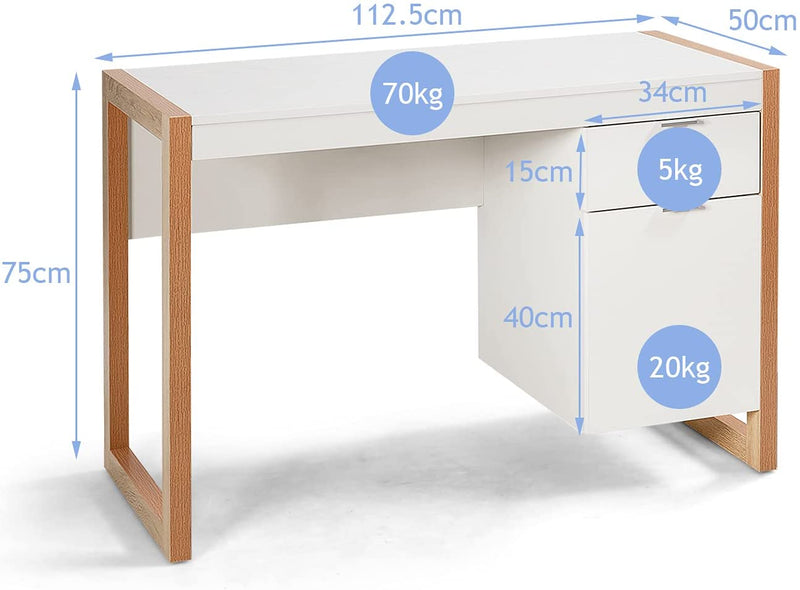 Modern computer bureau, computertafel computerbureau werkstation met opbergkast, lade, stevige structuur, schrijftafel, ideaal voor thuiskantoor, 112,5 x 50 x 75 cm (Wit)