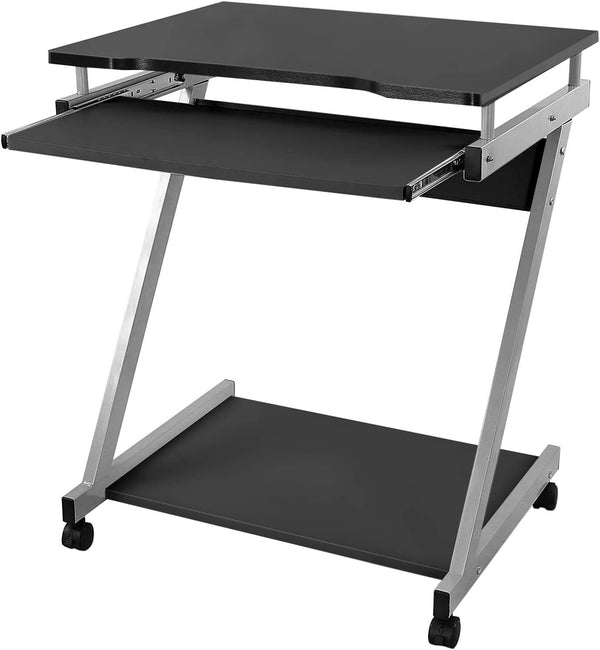 Bureau, computertafel met 4 wielen, 2 daarvan met remmen, pc-tafel, lichtlopende toetsenbordlade, eenvoudige montage, ruimtebesparende pc-tafel in Z-vorm, zwart,