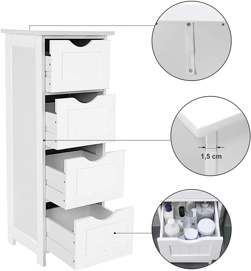 Badkamerkast, smalle badkamerkast van hout met 4 laden, 30 x 30 x 82 cm, woonkamer, slaapkamer, hal, diep, vrijstaand, ruimtebesparend, wit LHC40W