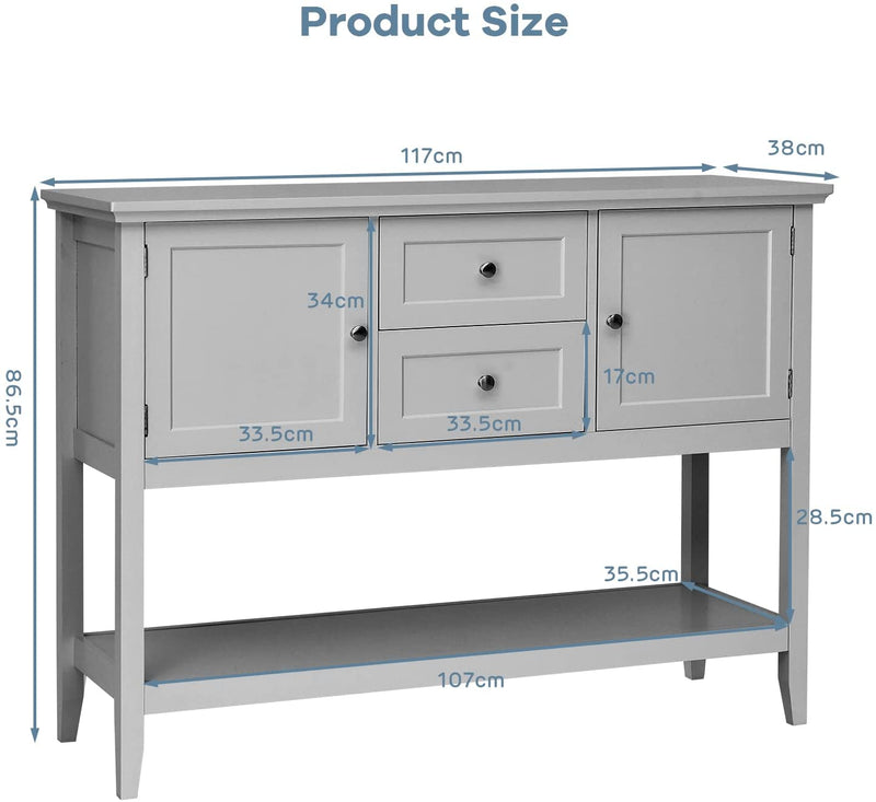 Console tafel, houten gang tafel met 2 laden en 2 opbergkasten, consoletafel met onderste plank, , 116,5 x 38 x 86,5 cm (Grijs)