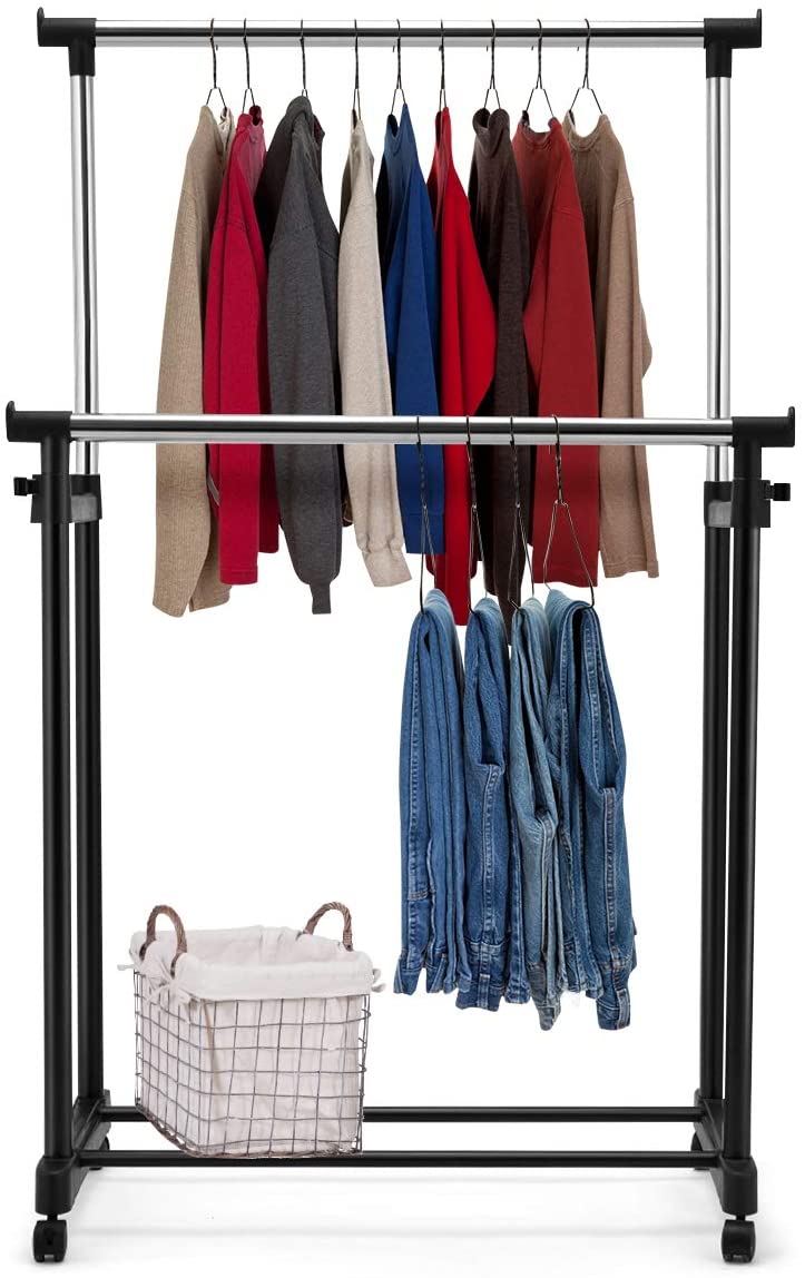 Rolbare Kledingrek, dubbele stangen Inhoogte verstelbaar kledingrek, draagbare kledingrek met wielen, 86 x 43 x 168cm