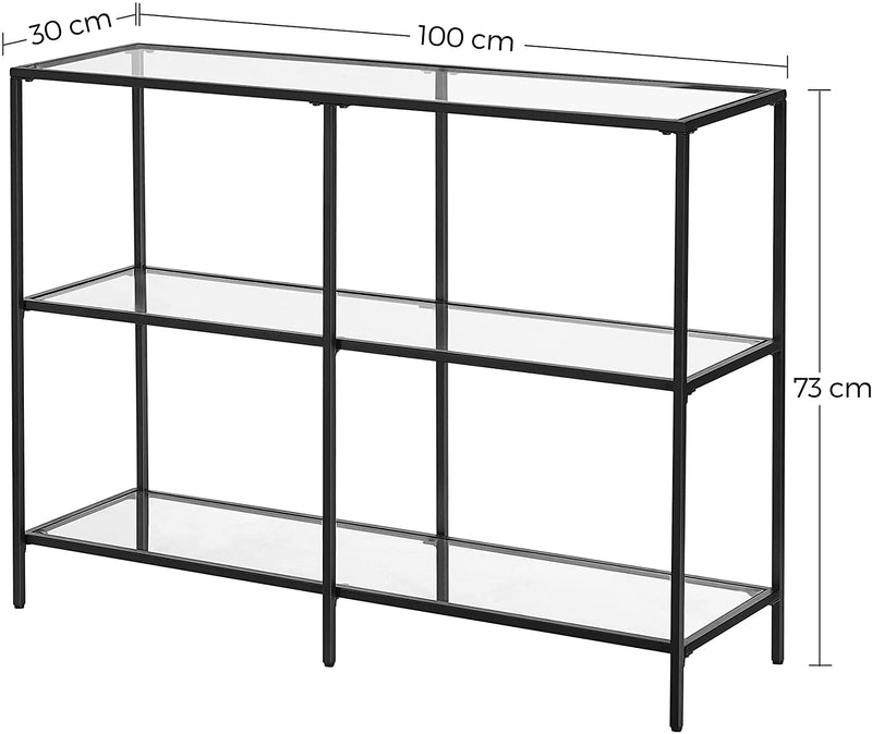 Consolettafel, gangtafel, 3 niveaus, bijzettafel, planken van gehard glas, 100 x 30 x 73 cm, metalen frame, modern, voor hal, woonkamer, slaapkamer, zwart LGT027B01