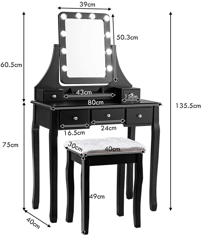 Kaptafel set met rechthoekige spiegel en gedempte kruk, make-up tafel met 10 LED-dimbare gloeilampen, met 5 laden(Zwart)