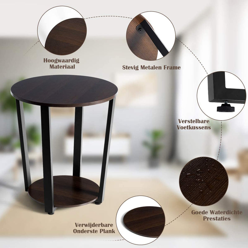 Ronde bijzettafel, 2-laags accent tafel met houten tafelblad ,eenvoudige montage (Donkerbruin)