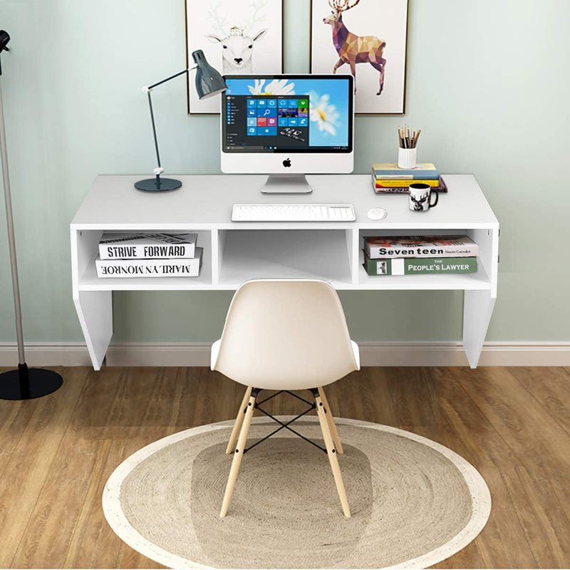Muur gemonteerd  computerbureau, hout PC werken studietafel computertafel bureau met 3 opbergplanken voor slaapkamer, woonkamer, 108 x 53 x 52cm (Wit)