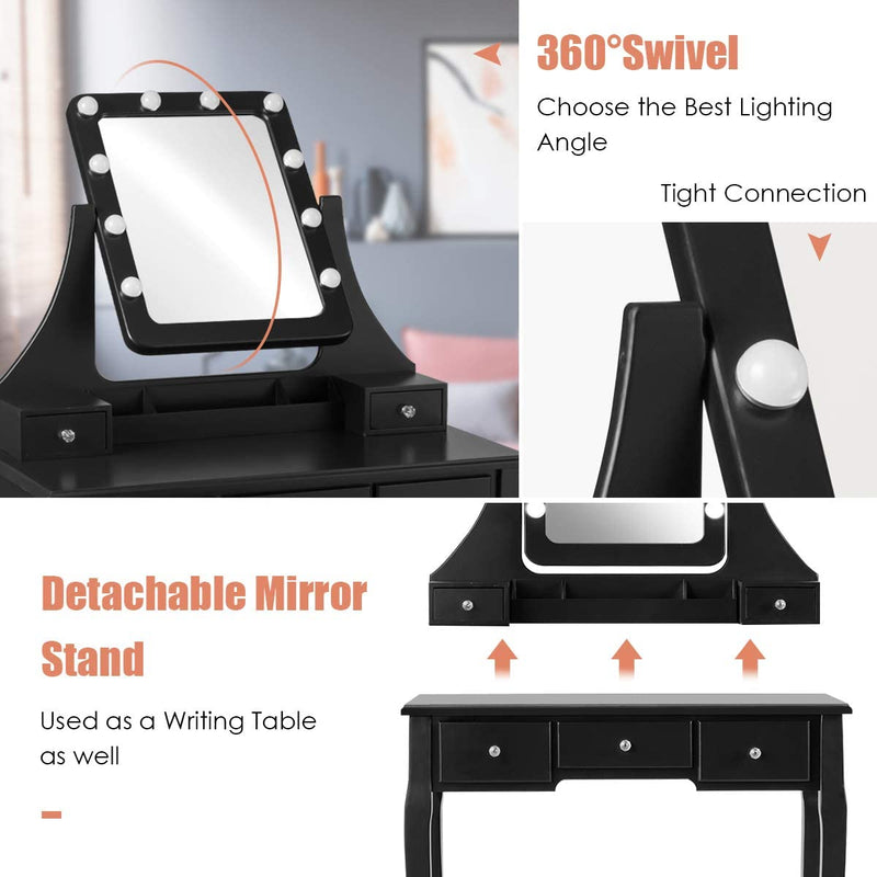 Kaptafel set met rechthoekige spiegel en gedempte kruk, make-up tafel met 10 LED-dimbare gloeilampen, met 5 laden(Zwart)