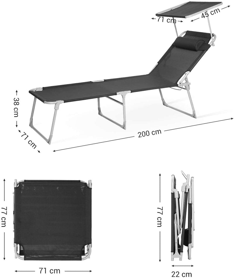 ligstoel, ligstoel, tuinstoel, extra groot, 71 x 200 x 38 cm, belastbaar tot 150 kg, met hoofdsteun en luifel, verstelbare rugleuning, opklapbaar, tuin, zwart GCB22BK