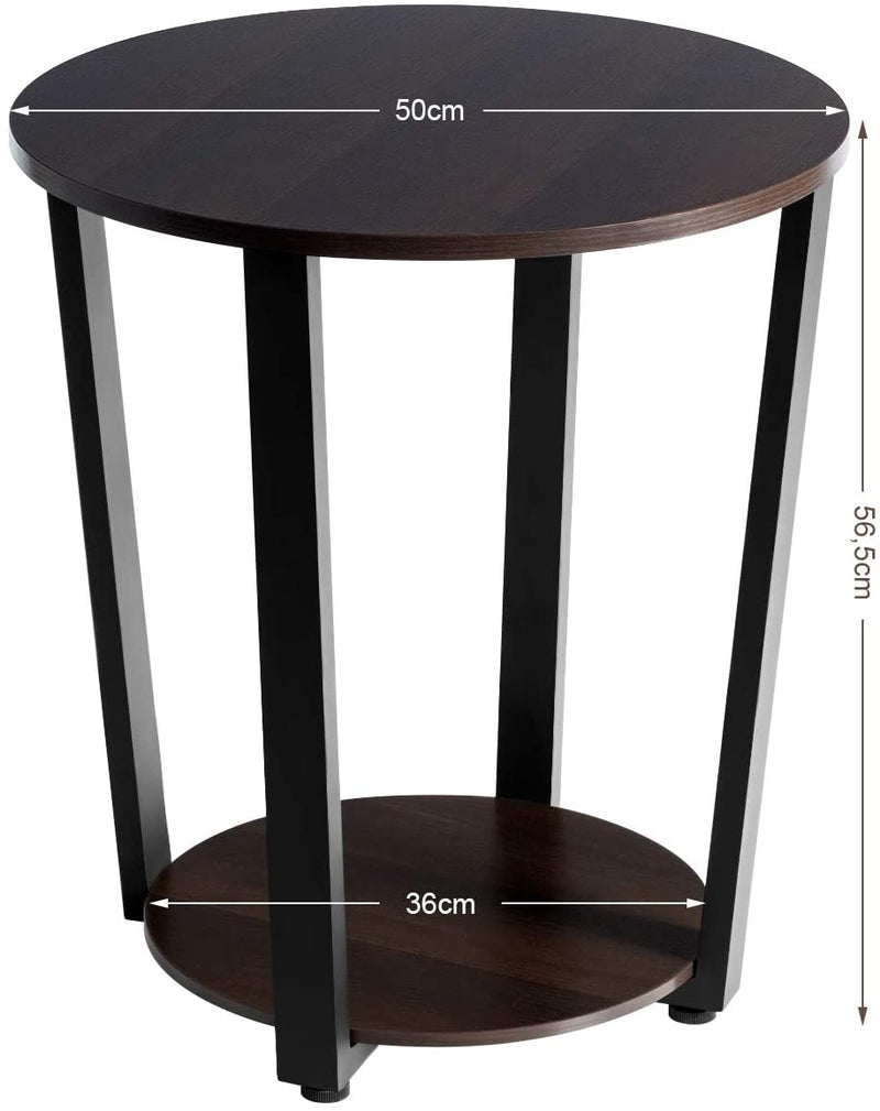 Ronde bijzettafel, 2-laags accent tafel met houten tafelblad ,eenvoudige montage (Donkerbruin)
