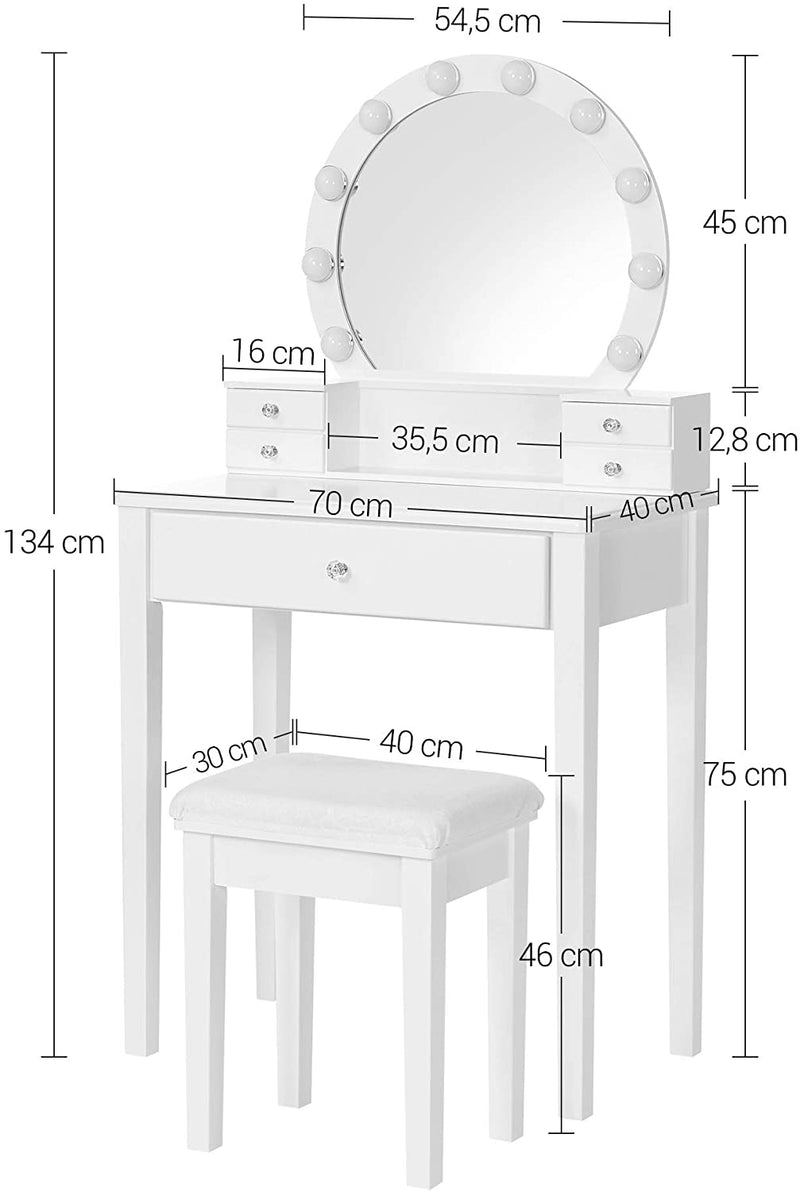 kaptafel met spiegel, make up tafel met 10 dimbare lampen,kruk, 5 laden, 70 x 40 x 134 cm, wit RDT151W01