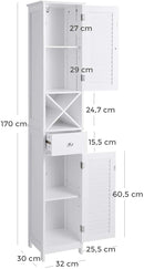 badkamerkast, hoge kast,  met 2 lamellen deuren, opbergkast met lade, uitneembare X-vormige plank, 32 x 30 x 170 cm, Scandinavische stijl, wit BBC69WT