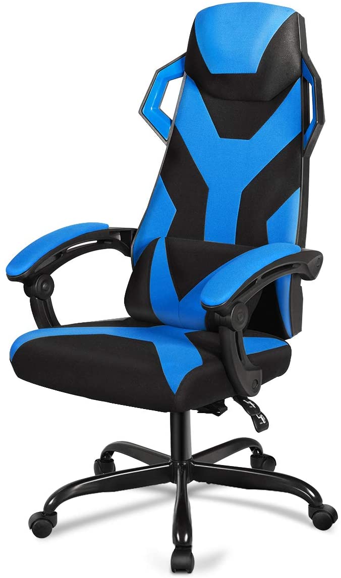 gamingstoel met wielen, racestoel met armleuning, verstelbare rugleuning, hoofdsteun en lendekussen, grote racestoelen met hoge rugleuning en verbrede verdikte zitting (Blauw)