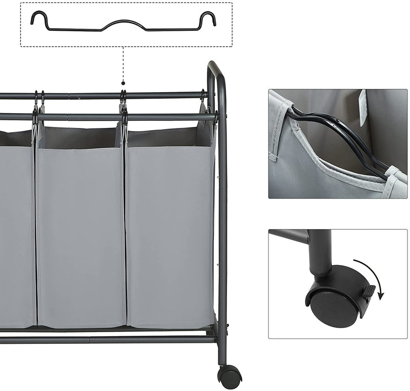 Wasmand op wielen, wassorteermachine met 3 afneembare stoffen zakken, wasverzamelaar, opbergruimte voor speelgoed, stevig, 3 x 44 liter, grijs LSF003GS