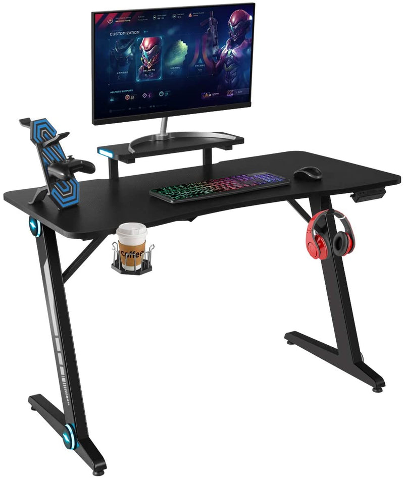 Gaming computer bureau met monitor standaard, Z-vormige , PC gamer tafel met RGB verlichting, bekerhouder, hoofdtelefoon haak,