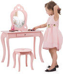 Kinderen kaptafel en stoel set, prinses make-up kaptafel met lade en spiegel, 2-in-1 make-up tafel set met afneembare bovenkant, doen alsof schoonheid spelen ijdelheid set voor meisjes (Roze)