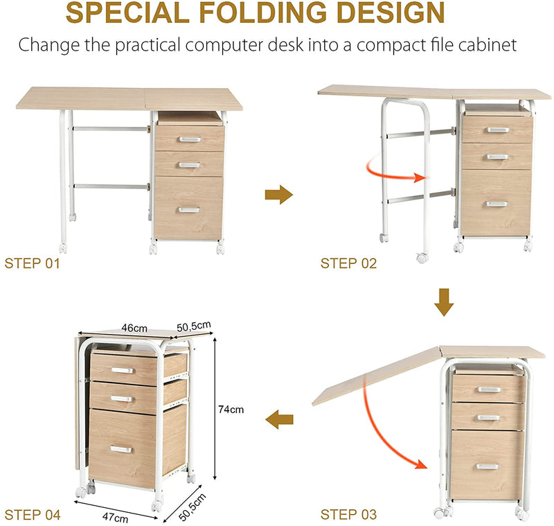 Bureau, computertafel, opvouwbaar computerbureau, met 3 uitschuifbare laden en vergrendelbare wielen, 105,5 x 50,5 x 74cm (Natuurlijk)