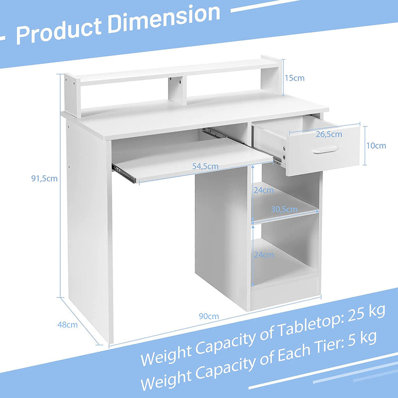 bureau, computer bureau, smalle kantoortafel, schrijfbureau met opslag lade, planken en uittrekbare toetsenbord lade, thuis kantoormeubilair studeer werkplek, 90 x 48 x 91,5cm (Wit)