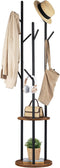 Kapstok, vrijstaand kledingrek, garderobe in boomvorm met 8 haken, 2 ronde planken, voor kleding, hoed, tas, woonkamer, slaapkamer, kantoor, donkerbruin-zwart