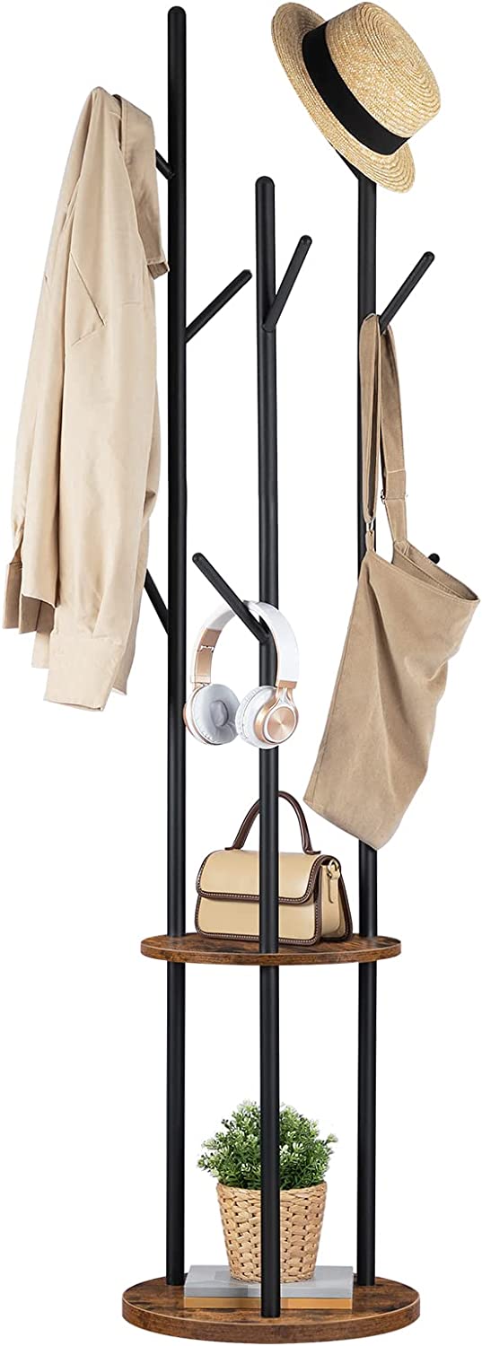 Kapstok, vrijstaand kledingrek, garderobe in boomvorm met 8 haken, 2 ronde planken, voor kleding, hoed, tas, woonkamer, slaapkamer, kantoor, donkerbruin-zwart