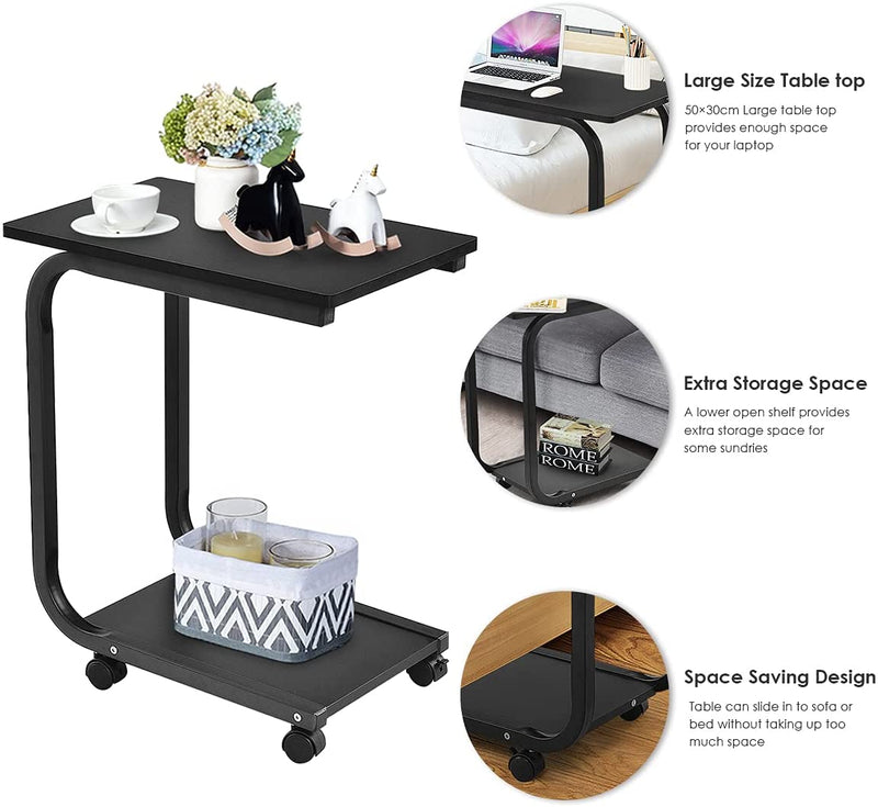 Zijkant bank bijzettafel, laptoptafel, zijeindtafel, bankltafel, C-vormige eindtafel voor woonkamer slaapkamer, snacktafel voor bank kleine ruimte, laptop TV dienbladtafel met wielen