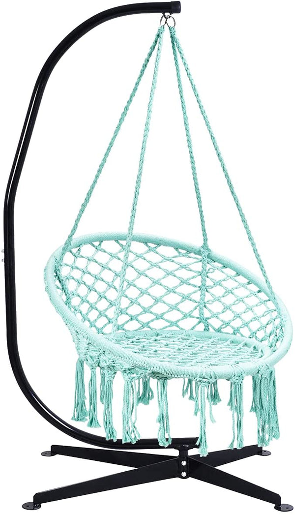 Hangstoel, katoenen touw macrame hangende schommelstoel voor woonkamer, tuin, balkon, scandinavische stijl, capaciteit van 150 kg (Groen)
