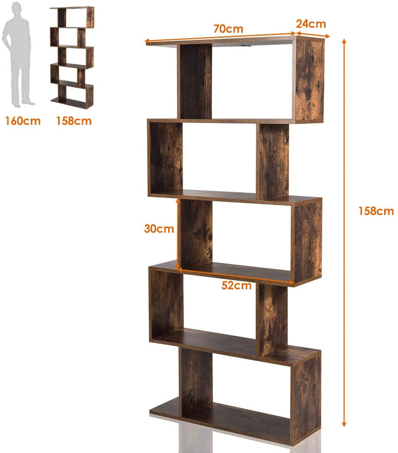 5-laags S-vormige boekenplank, vrijstaand industrieel opberg rek, , rustiek bruin