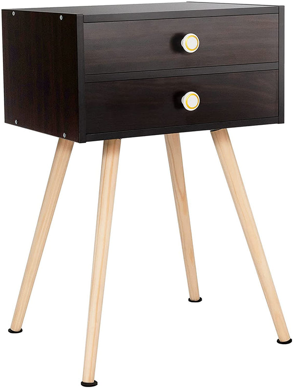 Nachtkastje met 2 lades, moderne bijzettafel met houten poten,  bijzettafel (Koffie)