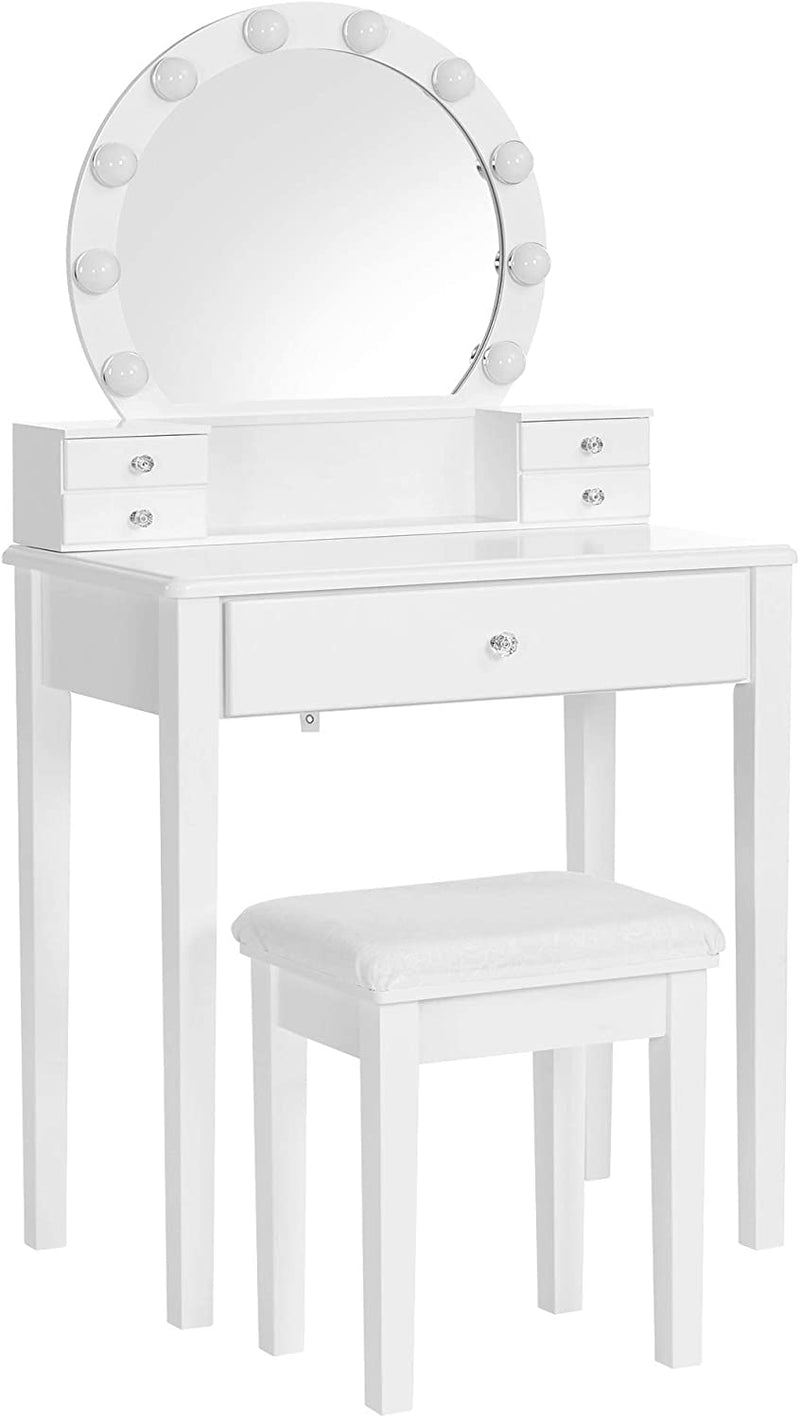 kaptafel met spiegel, make up tafel met 10 dimbare lampen,kruk, 5 laden, 70 x 40 x 134 cm, wit RDT151W01