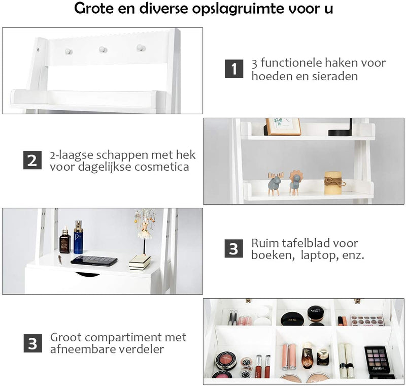 Kaptafel set met openen bovenkant spiegel, make-up tafel set met 3 haken & 2 opbergplank, 6 verwijderbare organizers, make-up tafel en kruk set met gedempte kruk, eenvoudige montage