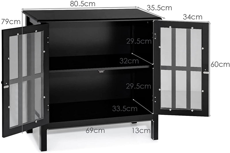Dressoir, opbergkast met glazen deur, consoletafel keukenkast zijkast, commode  80,5 x 35 x 78 cm (Zwart)