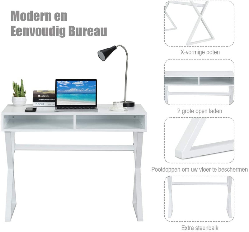 Moderne Schrijfbureau, Multifunctionele Tafel met 2 Laden, MDF Bureaublad en ijzeren tafelpoten, Computer Bureau