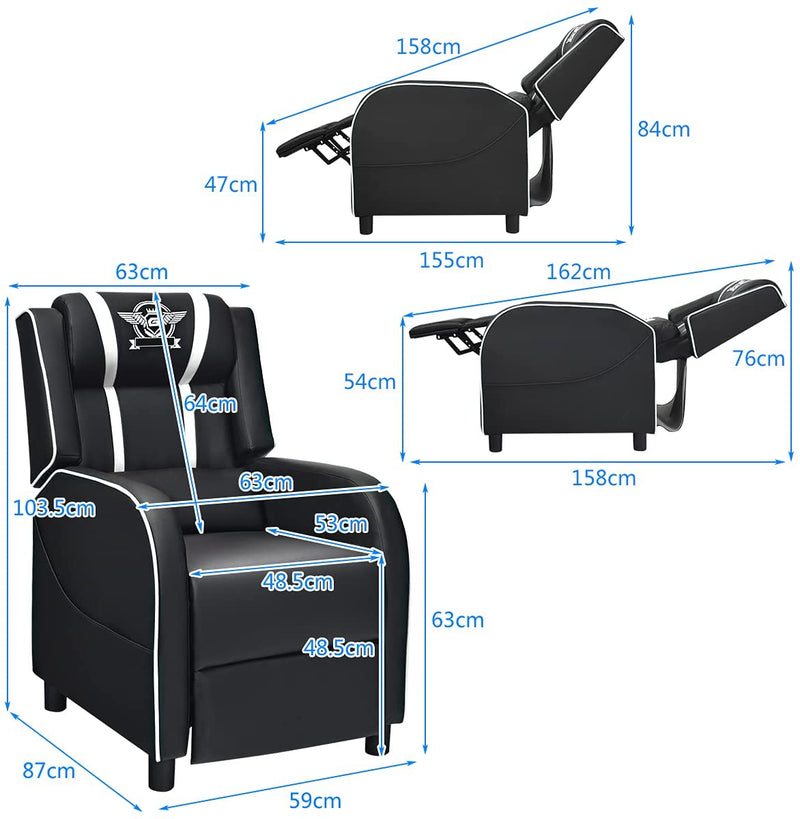 Gaming leunstoel fauteuil, PU lederen enkele leunstoel relaxstoel, verstelbare moderne woonkamer ligstoel, televisiestoel met voetsteun en lumbaal kussen, thuisbioscoop zittingen (Wit)