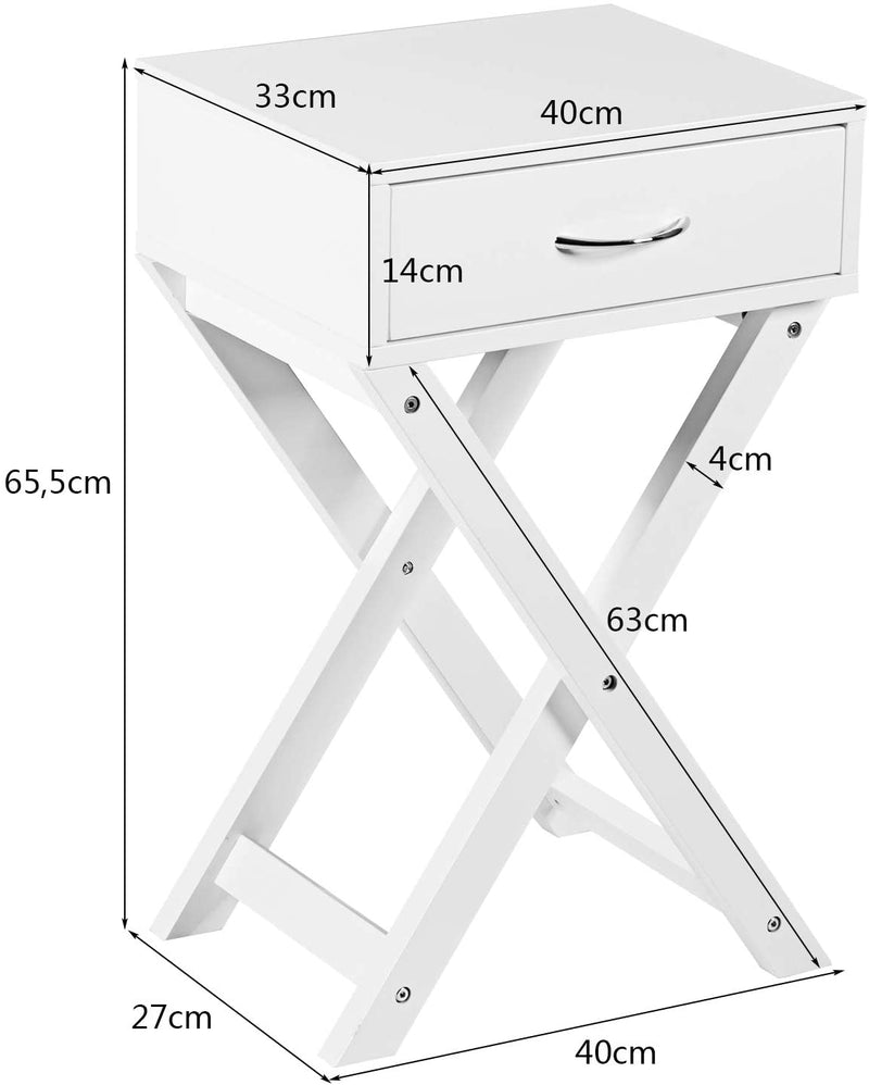 X-vormig houten bijzettafel met 1 opberglade en metalen handvat,  nachtkastje