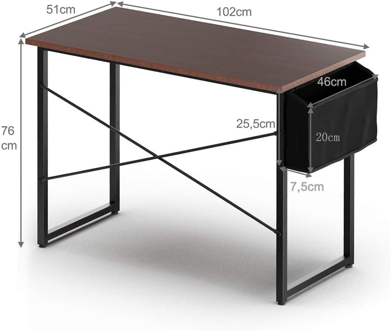 Bureau, computer bureau, 102cm computertafel, PC tafel, bureautafel, kantoortafel met zij-opslagzak, industriële PC-bureau, zwart metalen frame, ideaal voor thuis en op kantoor